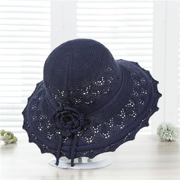 Women\'s Ruffled Flowers Summer Beach Hat Wide Brim Knitted Sun Hats Foldable Cap